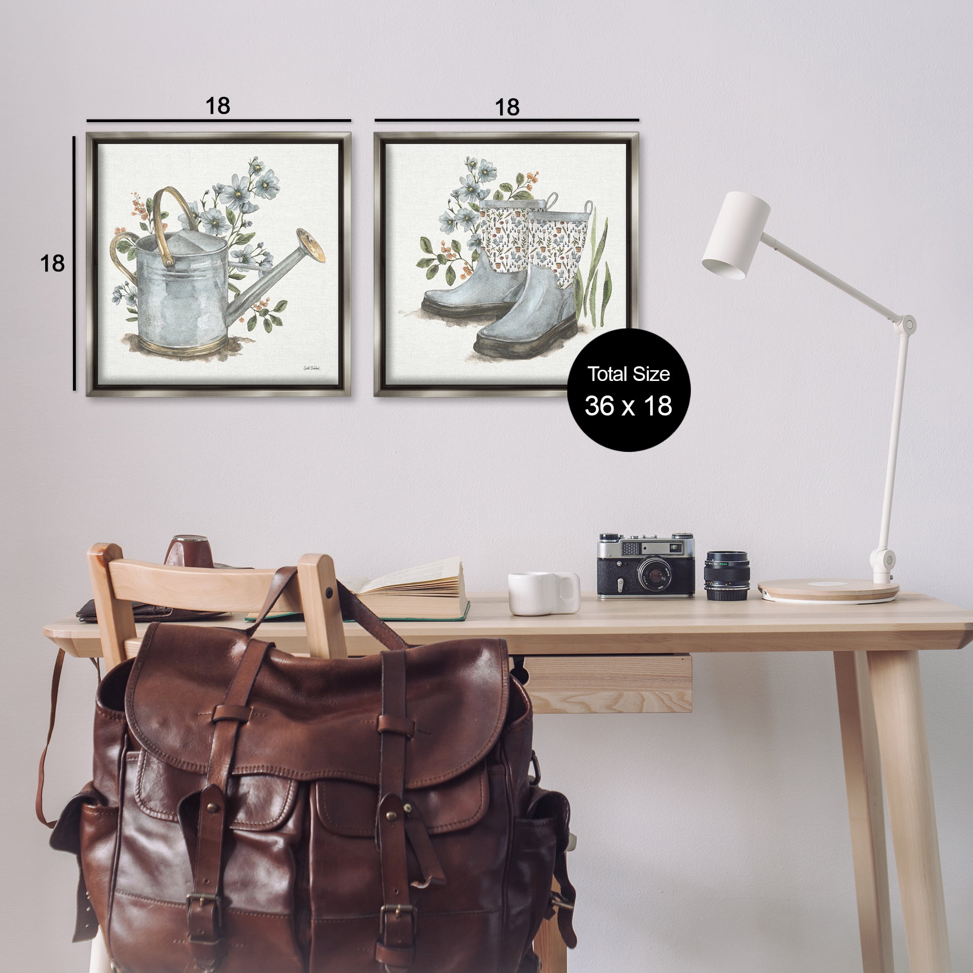 Stupell Industries Floral Watering Can Gardening Boots Plants & Flowers Painting Gray Floater Framed Canvas Art Print Wall Art, 18 x 18, Set of 2