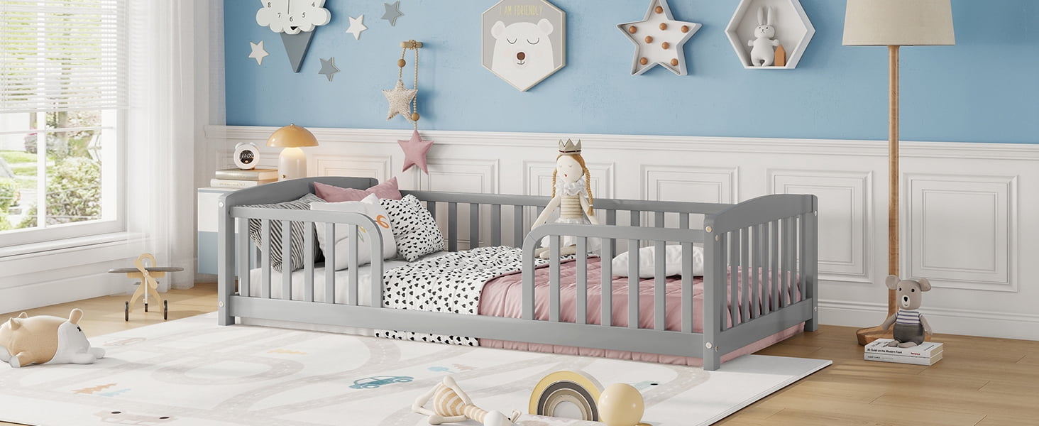 Mintazer Twin Size Toddler Floor Bed with Guardrails & Central Entrance, Grey