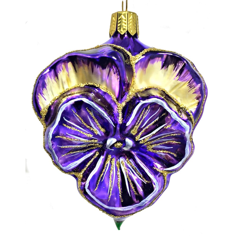 Purple and Gold Pansy Flower German Glass Christmas Tree Ornament