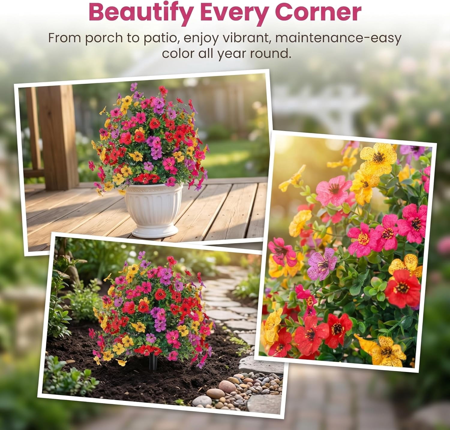 Artificial Flowers for Outdoors 24" Artificial Petunias with Ground Stake, UV Resistant Waterproof Lifelike Faux Flowers Decor for Garden Yard Patio Porch Home (Multi-Color (2 Pack))