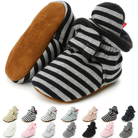 

QWZNDZGR Newborn Baby Girls Cotton Booties Infant Boys Slippers Stay on Sock Soft Shoes Non Skid Ankle Boots with Grippers Winter Warm First Walkers Crib Shoes