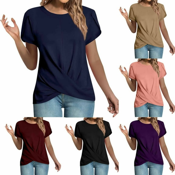 Fanxing Women's Front Twist Tunic Tops Petal Short Sleeve Round Neck T Shirt Casual Loose Fitted Summer Top Black,XXL