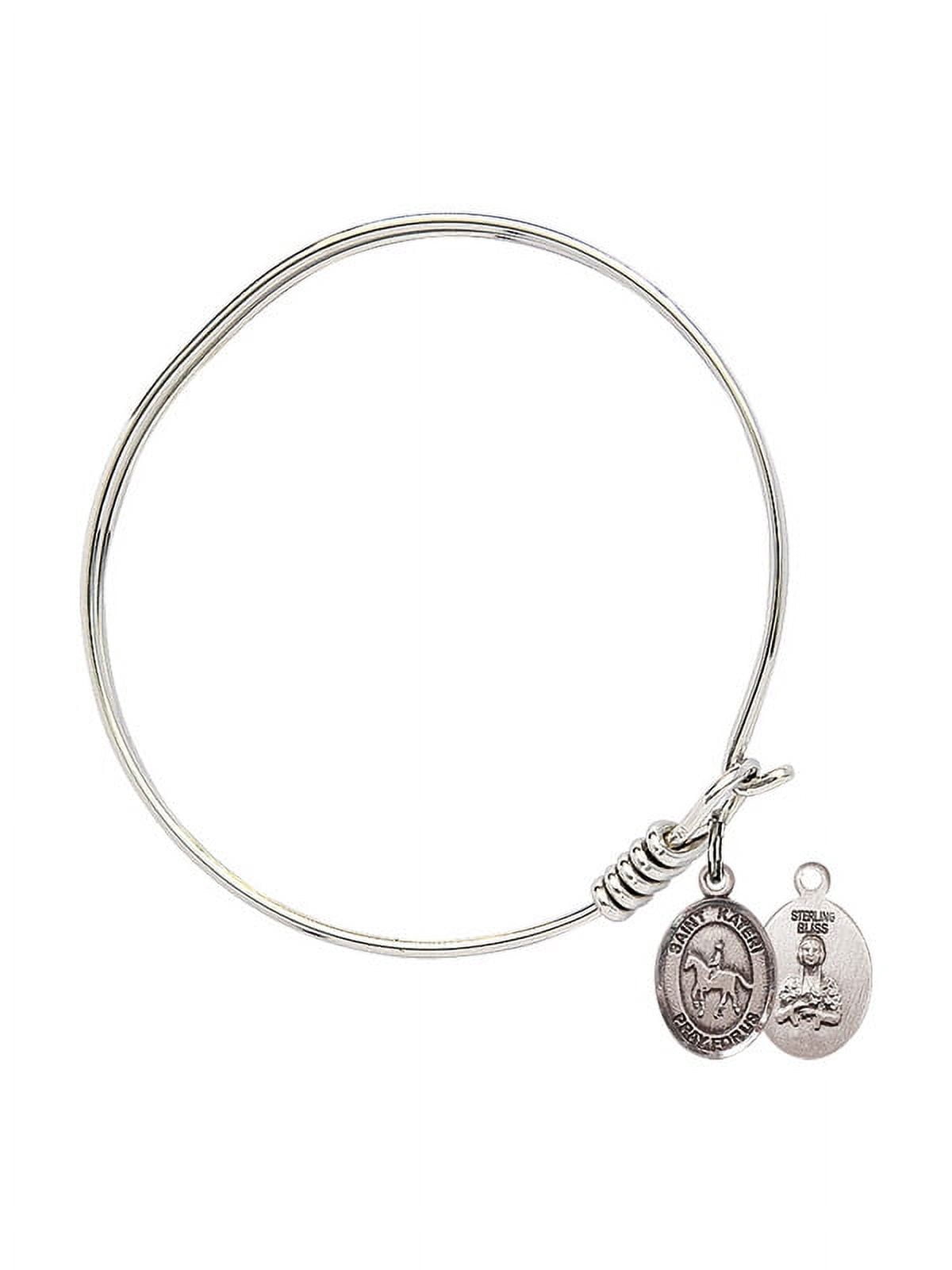 6 1/4 inch Round Eye Hook Bangle Bracelet w/ St. Kateri/Equestrian in Sterling Silver