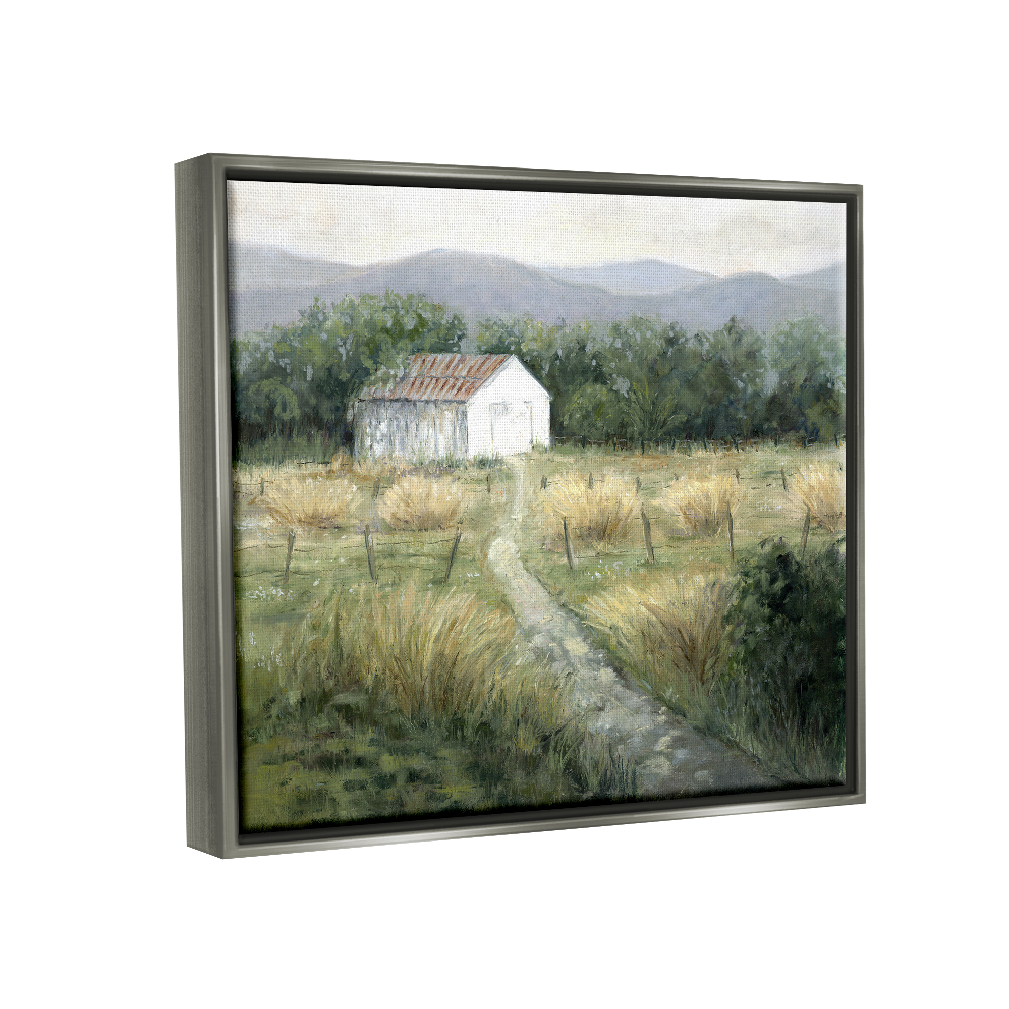 Stupell Industries Traditional White Cottage Path Landscape Painting Gray Floater Framed Canvas Art Print Wall Art, 21 x 17