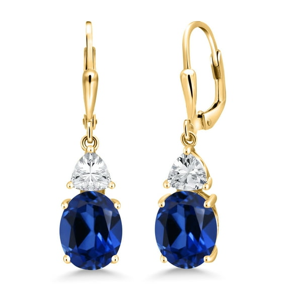 Gem Stone King 18K Yellow Gold Plated Silver Blue Created Sapphire and White Zirconia Dangle Earrings for Women (8.14 Cttw, Gemstone September Birthstone, Oval 10X8MM, Trillion 5MM)