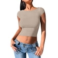 thumbnail image 3 of Camiseta corta REORIA, sexy, sin espalda, con doble forro, color albaricoque, 3 of 7