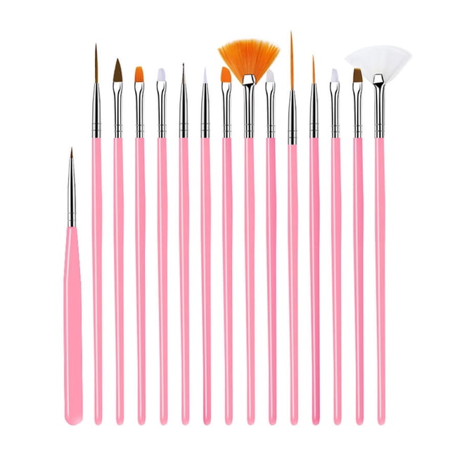 Juego de 15 pinceles para decoración de uñas para pintura acrílica y gel UV, kit de manicura (rosa)