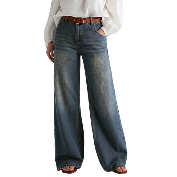 EMMIOL Women's Mid High Rise Wide Leg Baggy Jeans Y2K Boyfriend Denim Pants with Pockets