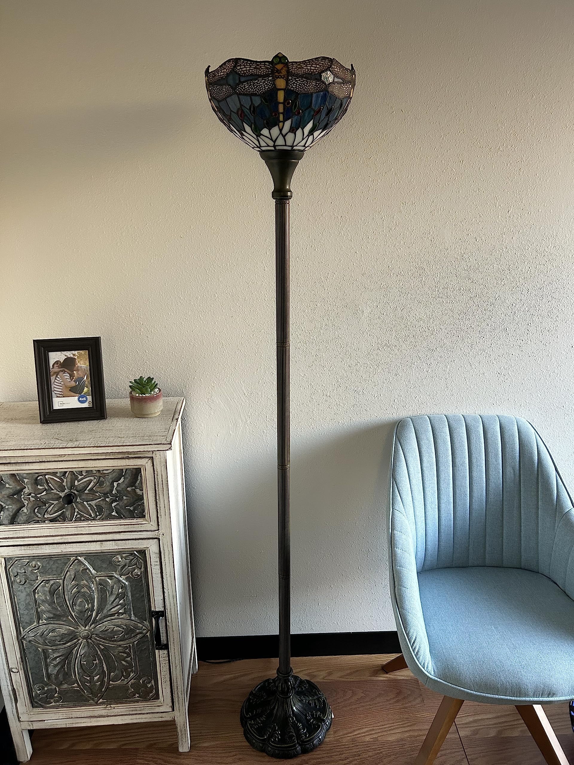Tiffany Torch Floor Lamps Blue Stained Glass Dragonfly LED Bulb Included For Living Room Dining Room Bedroom 12"W*12"D*66"H
