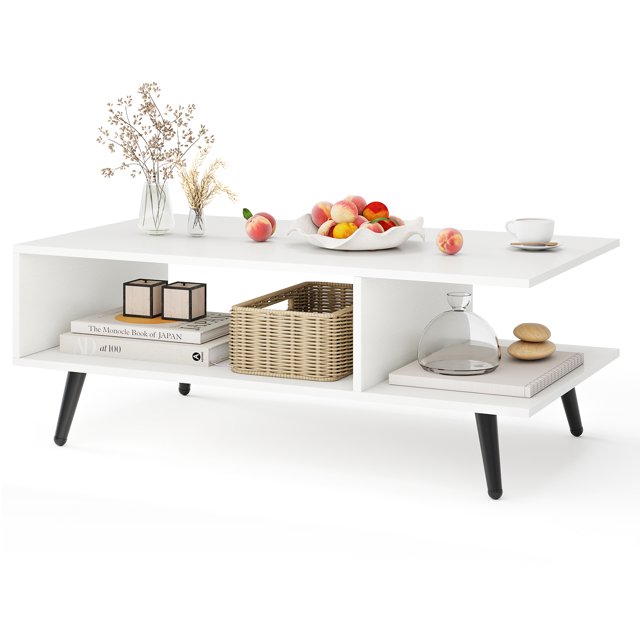 Patiojoy Table Basse à 2 Niveaux avec Rangement pour la Maison, Table Centrale Milieu du Siècle Moderne, Cadre en Métal Robuste, Table à Thé, Blanc
