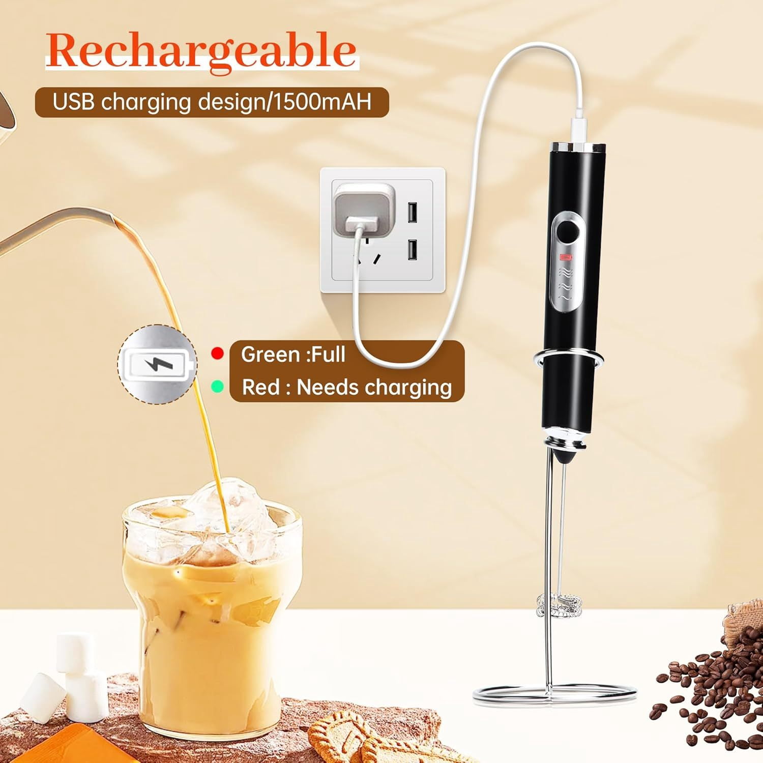 Milk Frother with Stand, 3 Speed Adjustable Handheld Electric Whisk, Drink Mixer with Stainless 3 Whisk, Hand Frother Wand Rechargeable, Foam Maker for Cappuccino Hot Chocolate Egg Latte