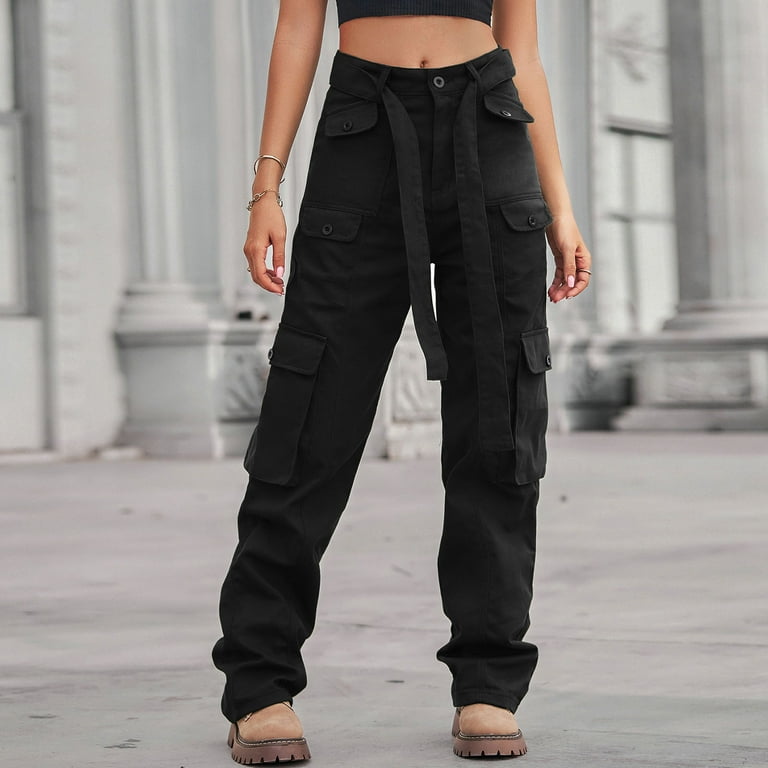 Women Cargo Pants Loose Fit Straight Adjustable Strap Multi-pockets Full  Length Streetwear Solid Color Lady Vintage Denim Trousers Overalls for  Daily