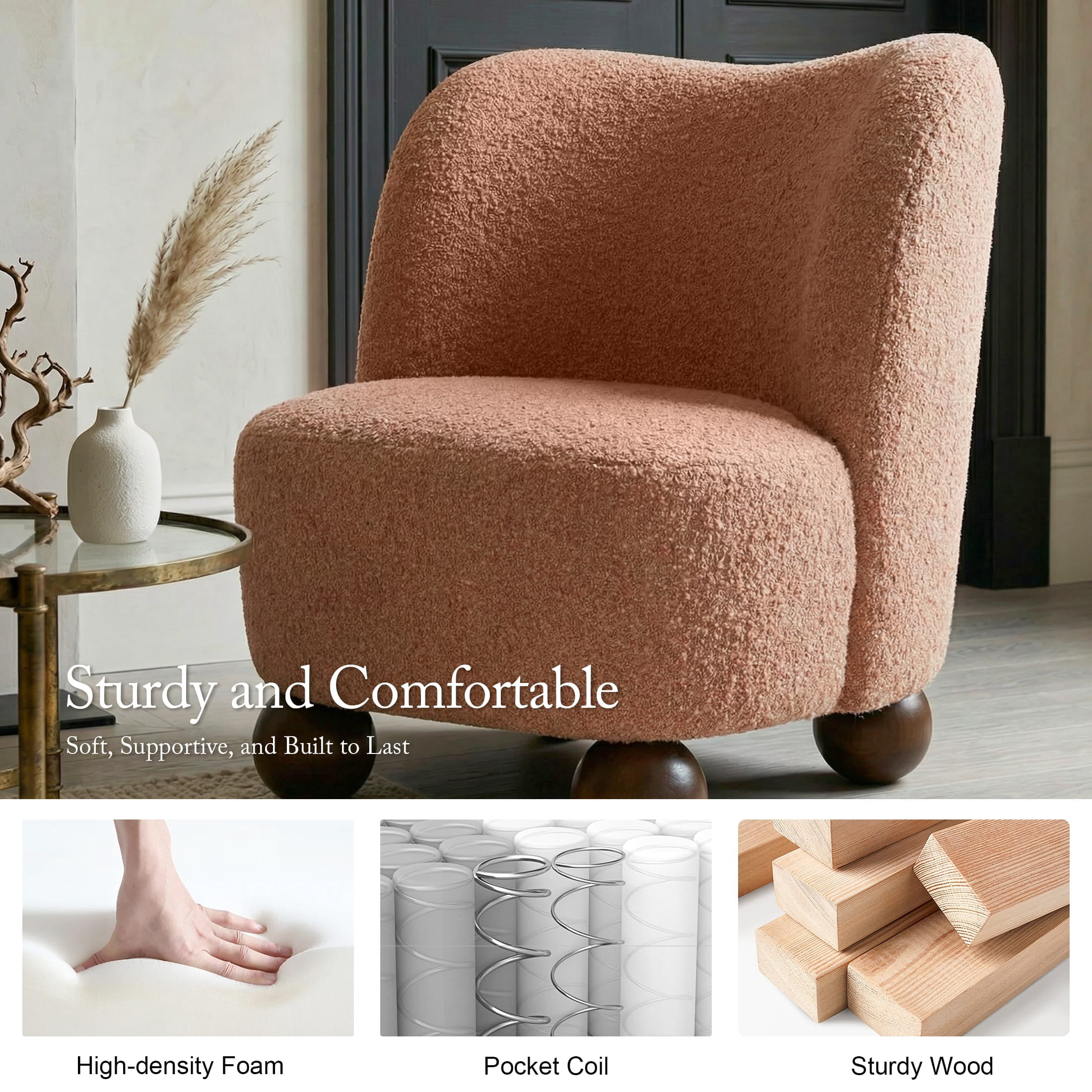 Aenkyo Contemporary Boucle Armless Accent Chair with Sculptural Wood Ball Feet, Pink