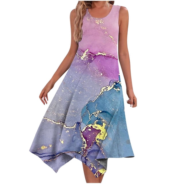 Penkiiy Robes d'Été Décontractées pour Femmes 2024 Vacances Sans Manches Robe d'Été Midi Ample Ourlet en Pointe Robe de Plage Robe Débardeur S Violet