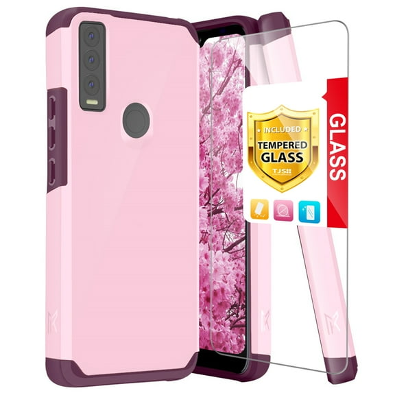 TJS for AT&T Motivate Max U668AA/Cricket Ovation 3 Phone Case, with Tempered Glass Screen Protector, Magnetic Support Dual Layer Drop Protection Impact Rugged Armor Cover (Pink)