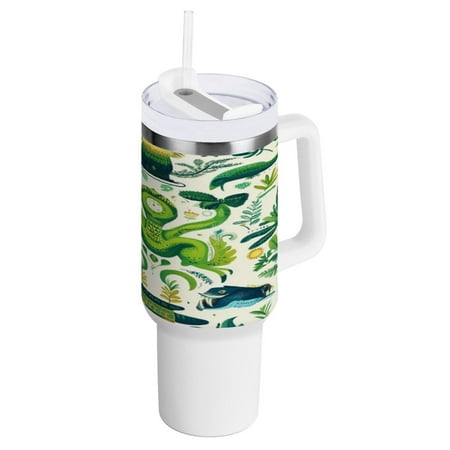 

40 Oz Car Handle Water Bottle 10.8x3.85 Inch Handle And Straw Travel Water Bottle Reusable Stainless Steel Water Bottle Green Seeds