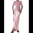 thumbnail image 2 of Vestido Midi Asimétrico con Abertura Irregular, Cuello Redondo, Larga y Cintura Fruncida para Mujer, Color Liso Rosa L, 2 of 7