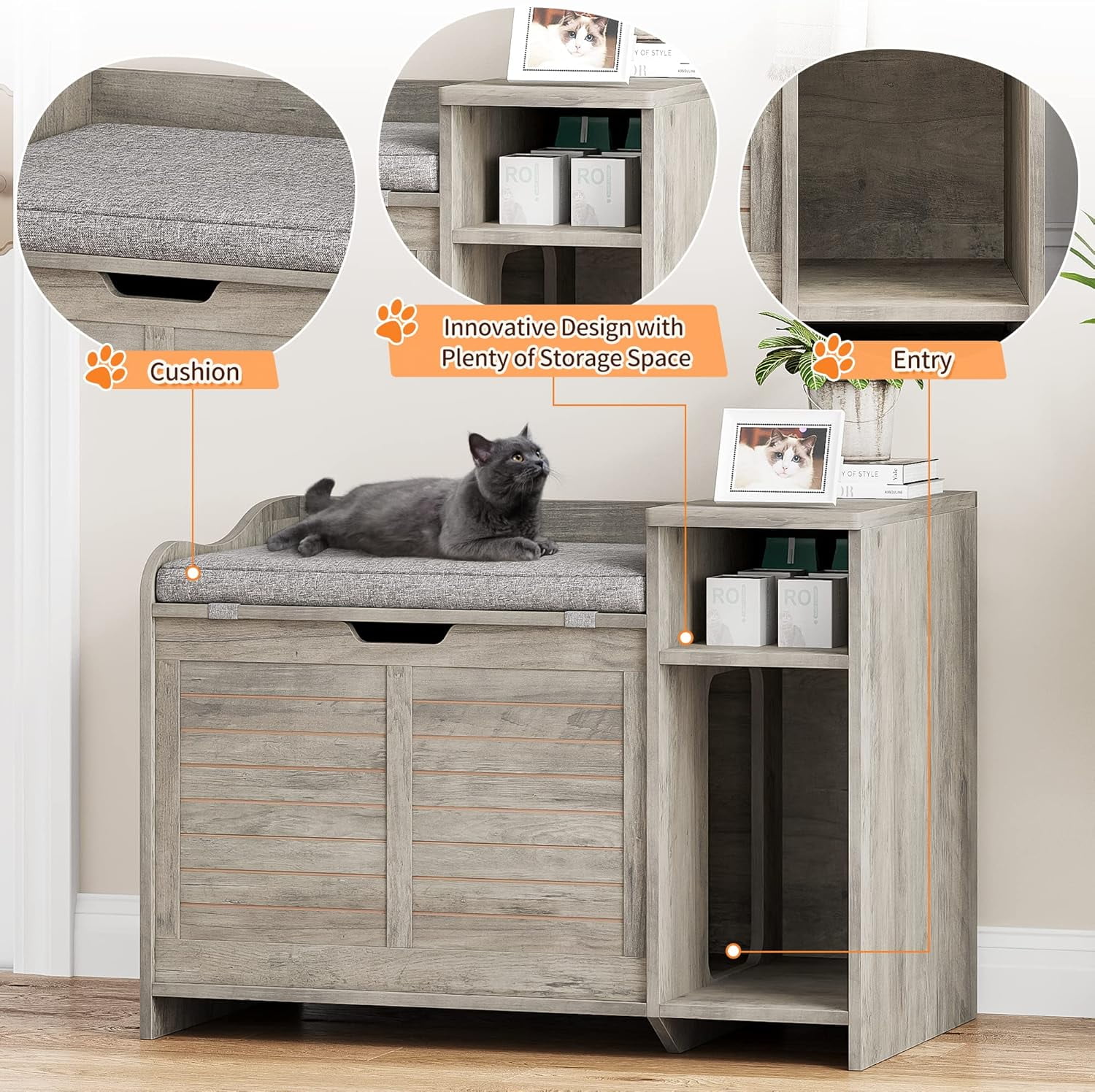 Hidden Cat Litter Box Furniture, Flip-Top Entryway Bench with Storage & Ventilation
