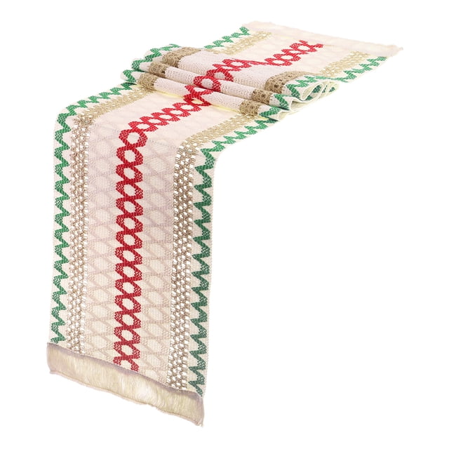 Unique Bargains Chemin de Table avec Franges, 12'x71 Pieds Style Ferme en Coton Lin Vintage Tissé, Rouge Vert