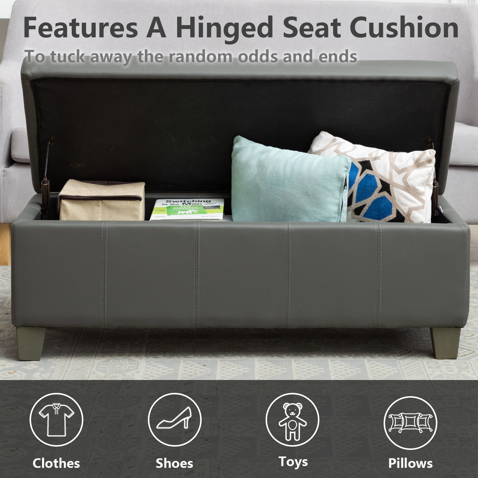 Foredo Rectangle Ottoman with Storage, Modern Faux Leather Bench with Solid Wood Legs, Ottoman for Living Room, Bedroom and Entryway, Gray