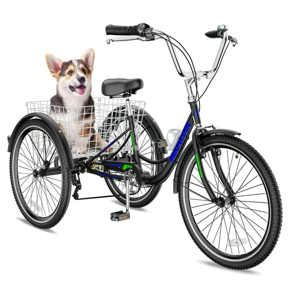 Adults Tricycles, 24/26" Trike Bike with Parking Brake Handle, 7 Speed Rear Derailleur, Double-Wall Wheel Rims, for Women Men Exercise Outdoor