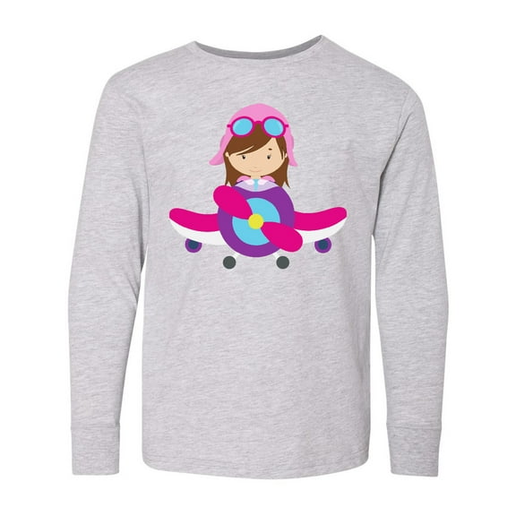 Inktastic Pilot Girl, Airplane, Plane, Flying, Brown Hair Long Sleeve Youth T-Shirt