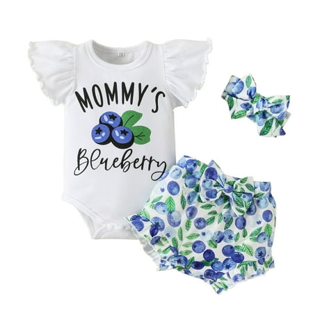 

GRNSHTS Infant Baby Girls Clothes Letter Printed Fly Sleeve Romper + Ruffle Bottoms Shorts + Headband Summer 3PCS Outfits (Blueberry 6-9 Months)