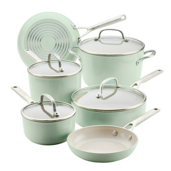 KitchenAid Hard-Anodized 10 Pcs Ceramic Induction Cookware Set, Dishwasher Safe and Oven Safe to 500°F, Pistachio