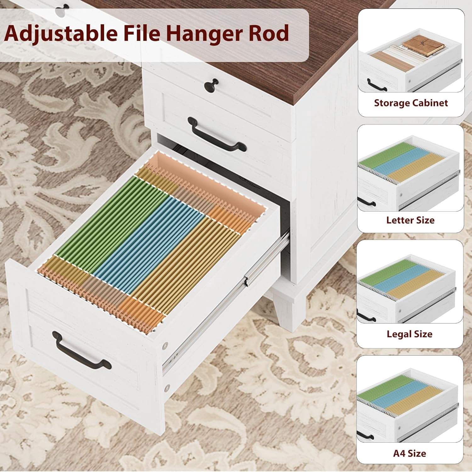 60" Wooden Home Office Desk with Built-in Power Outlet, Farmhouse Executive Desk with Storage Drawers and File Cabinet, Rectangular Study and Writing Table