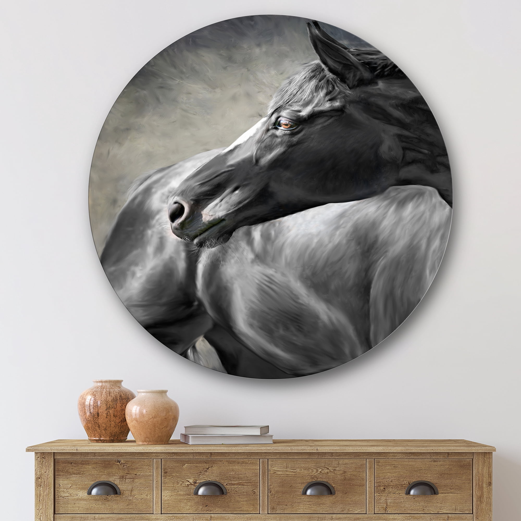 Designart 'Close Up Of A Black Horse' Farmhouse Circle Metal Wall Art 36x36 - Disc of 36
