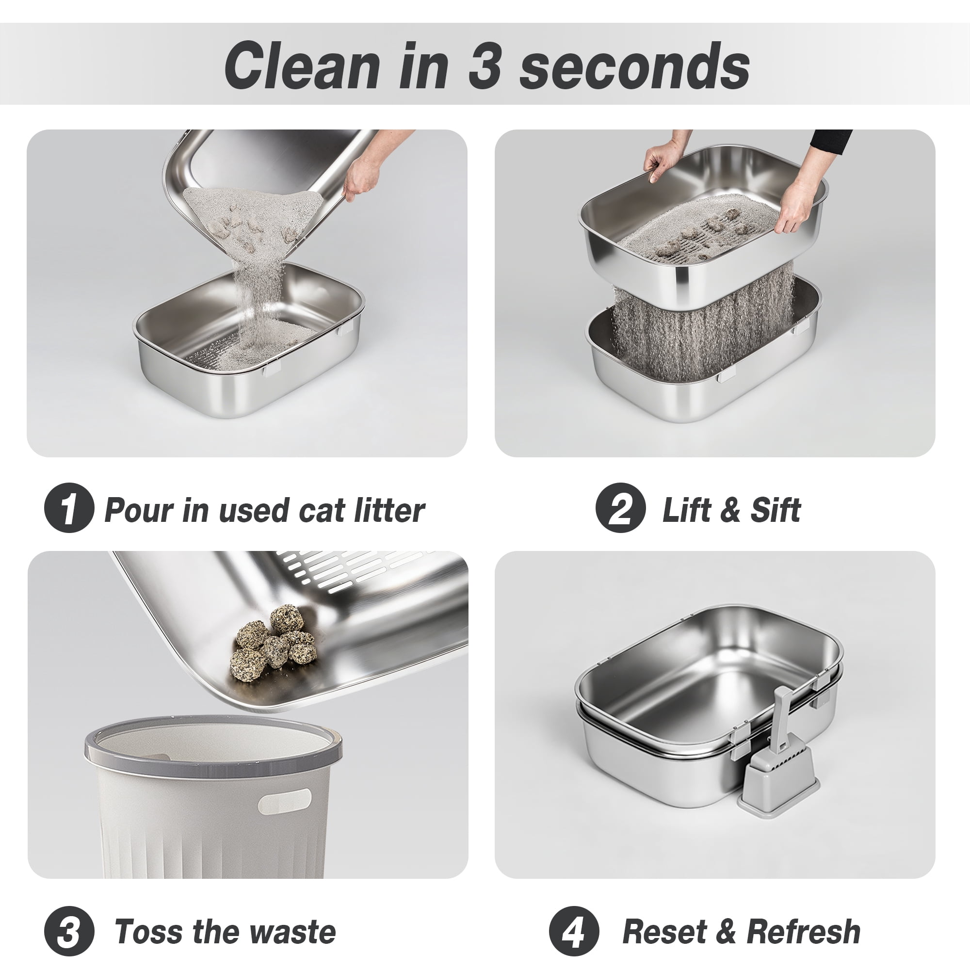 Furrbby Extra Large 3-Second Sifting Stainless Steel Cat Litter Box, Odor Control Triple-Pan System, Silver