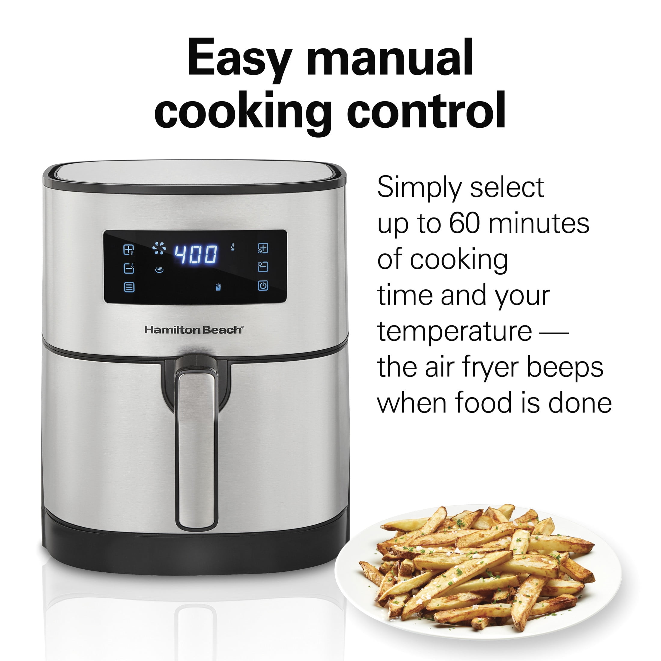 Hamilton Beach 5.8 Quart Air Fryer with Digital Touch Controls and Nonstick Basket, Stainless Steel