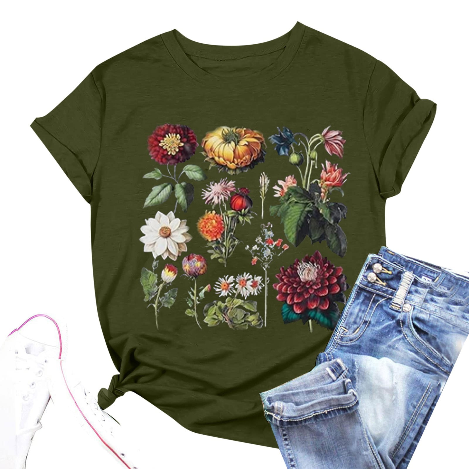 OJSFQUFP Tops Women Dark Gray Women Boho Flower T Shirt