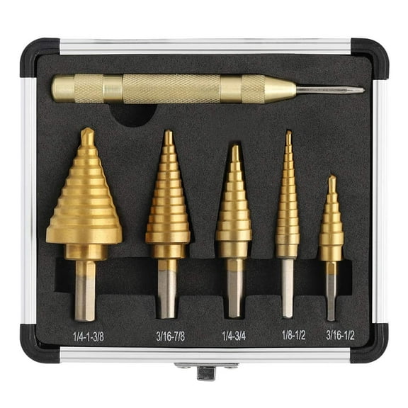 Step Drill Bit Set, 6 Pcs Titanium High Speed Steel Unibit Drill Bits, Stepped Up Bits & Automatic Center Punch for Sheet Metal, DIY Lovers with Aluminum Case, Total 50 Sizes for Multiple Hole