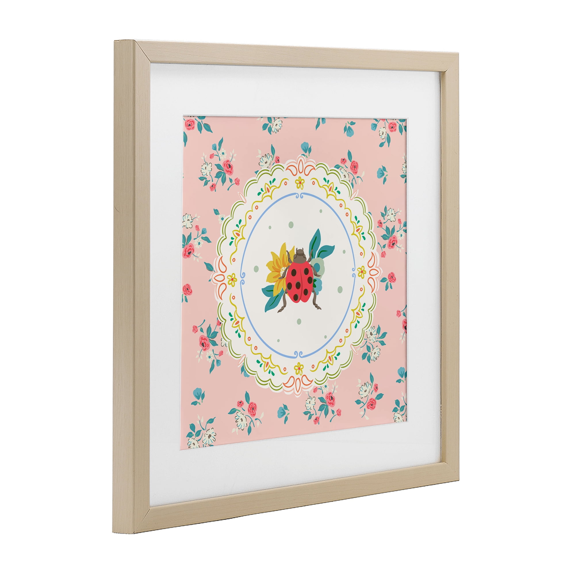 Spring Lady Bug Lace Pattern Birch Framed Print Under Glass, design by Angela Steahling