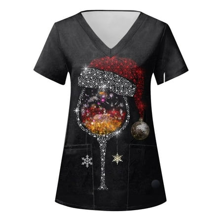 

Baocc scrub tops Ladies Casual Christmas Print Short Sleeve Pocket Loose Caring Workwear nursing tops Neckline Print