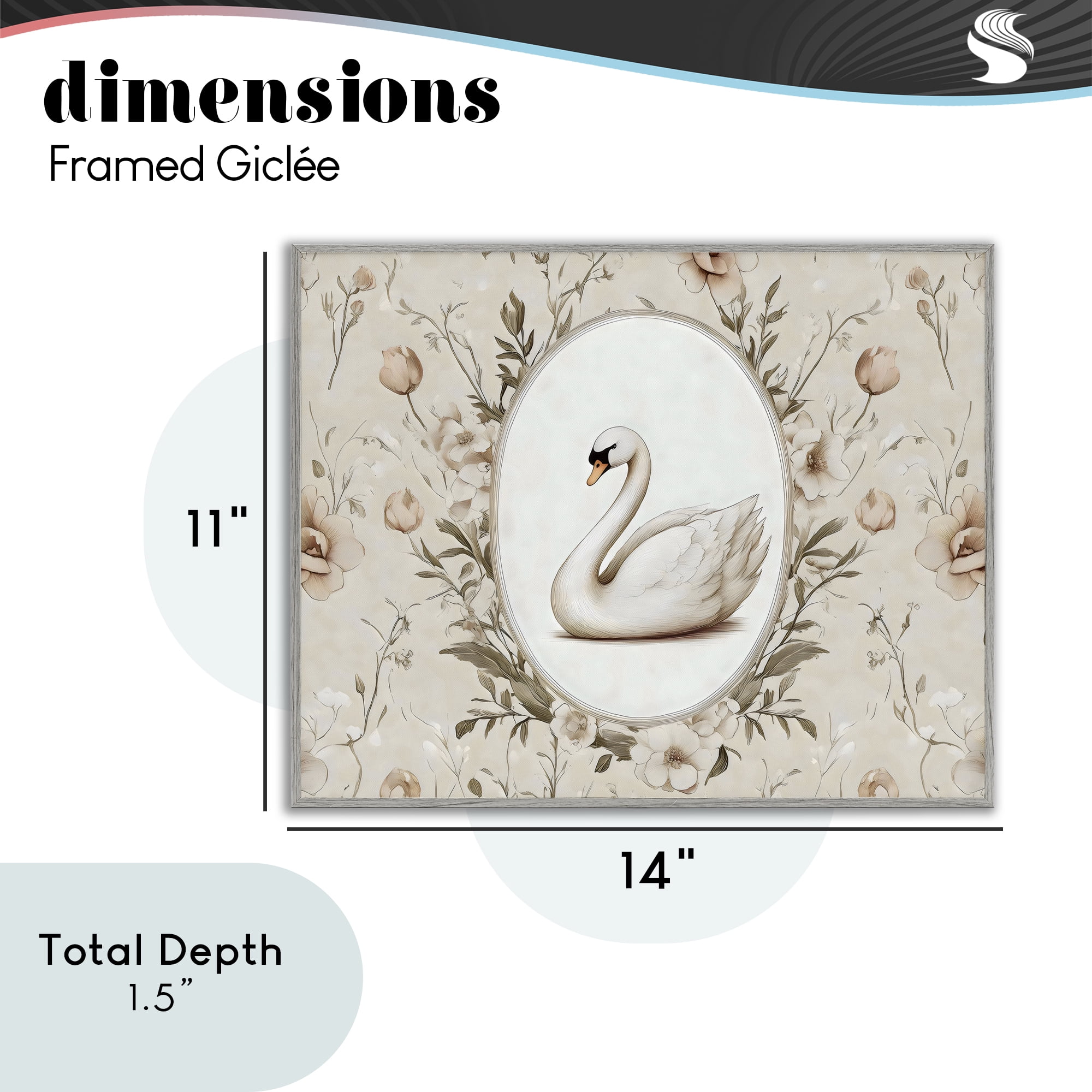 Stupell Industries Swan Vignette in Floral Border Gray Framed Giclee Art, design by Arlington Prints