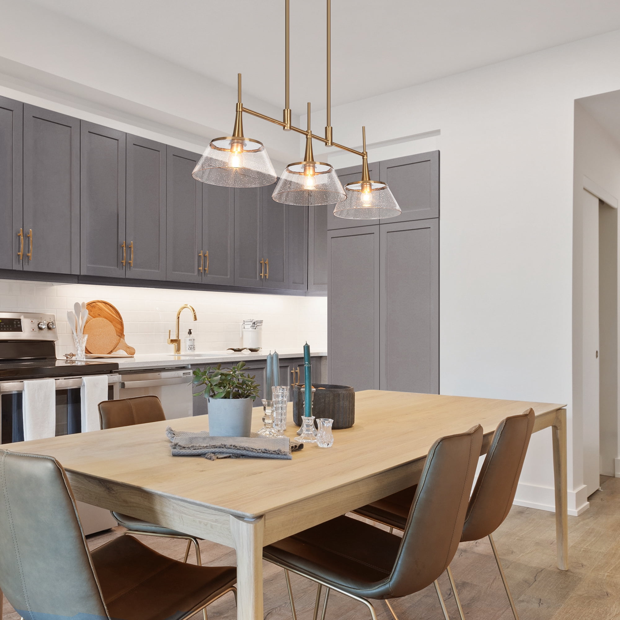 LNC 3-Light Linear Modern Brass E12 Hardwired Kitchen Island Pendant with Seeded Glass Shades