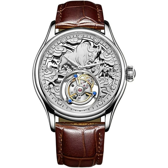 AESOP Tourbillon Mechanical Hand-Wind Wrist Watch Men Sapphire Luminous Cattle Skeleton Diamond Dial Clock Leather Band Your Business is Prosperous and Thriving