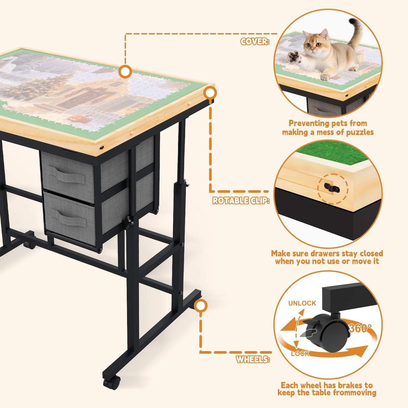 Jigsaw Puzzle Table for Adults with 6 Drawer and Legs, 1500 Pieces Puzzle Table with Protective Cover&Wheels, Adjustable Height and Five up Angles, Natural&Green