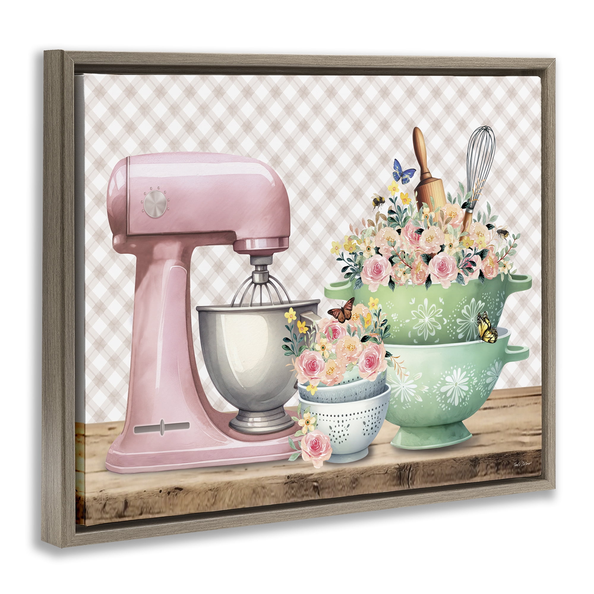 Stupell Industries Floral Gingham Kitchen Food & Beverage Painting Brown Floater Framed Canvas Art Print Wall Art, 21 x 17