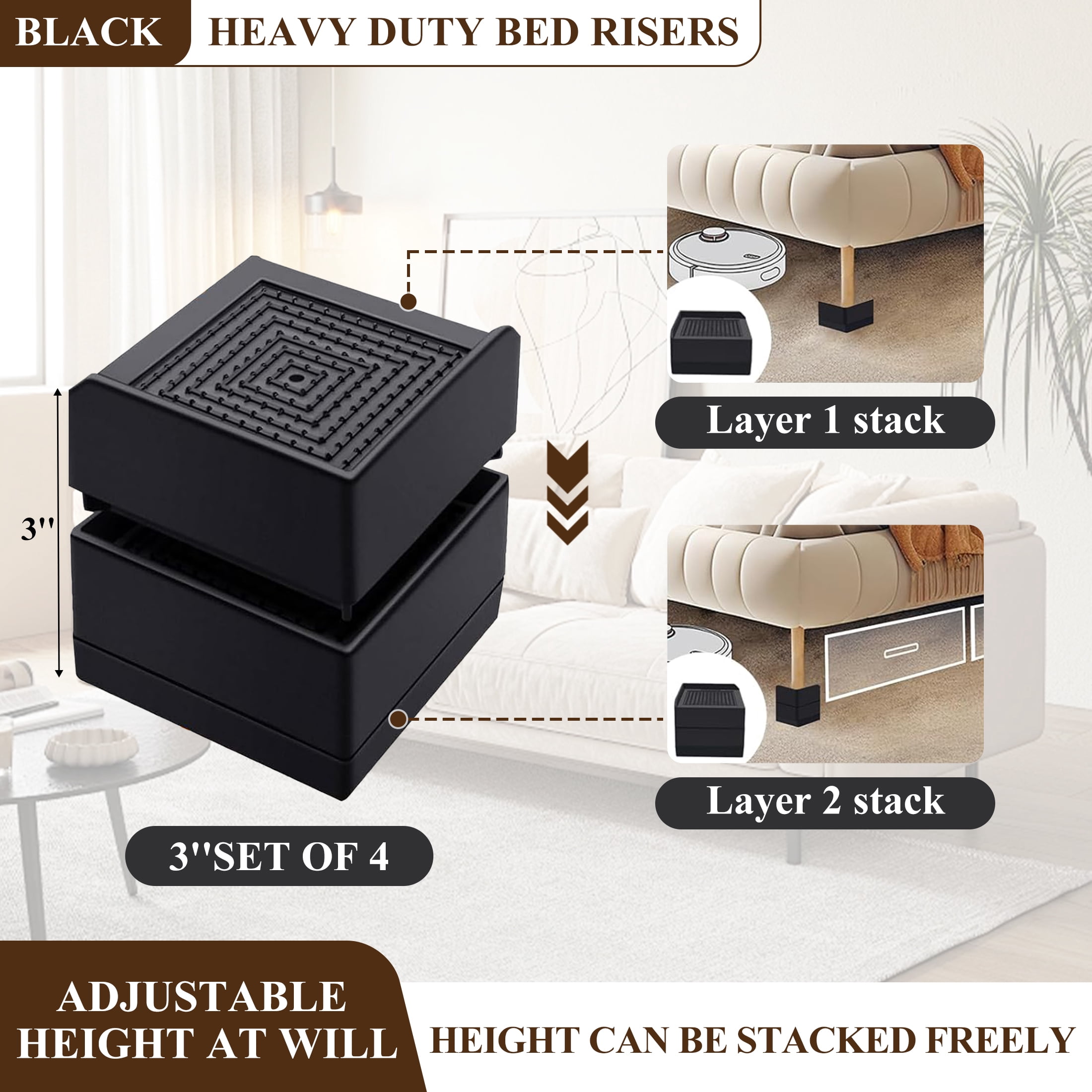 Aovky Furniture Risers, 1.5 or 3 Inch Heavy Duty Adjustable Bed Risers, Square Furniture Bed Lifts Risers for Sofa Table Couch Desk Chair Legs Support Up to 1100 Pounds, 4 Pack