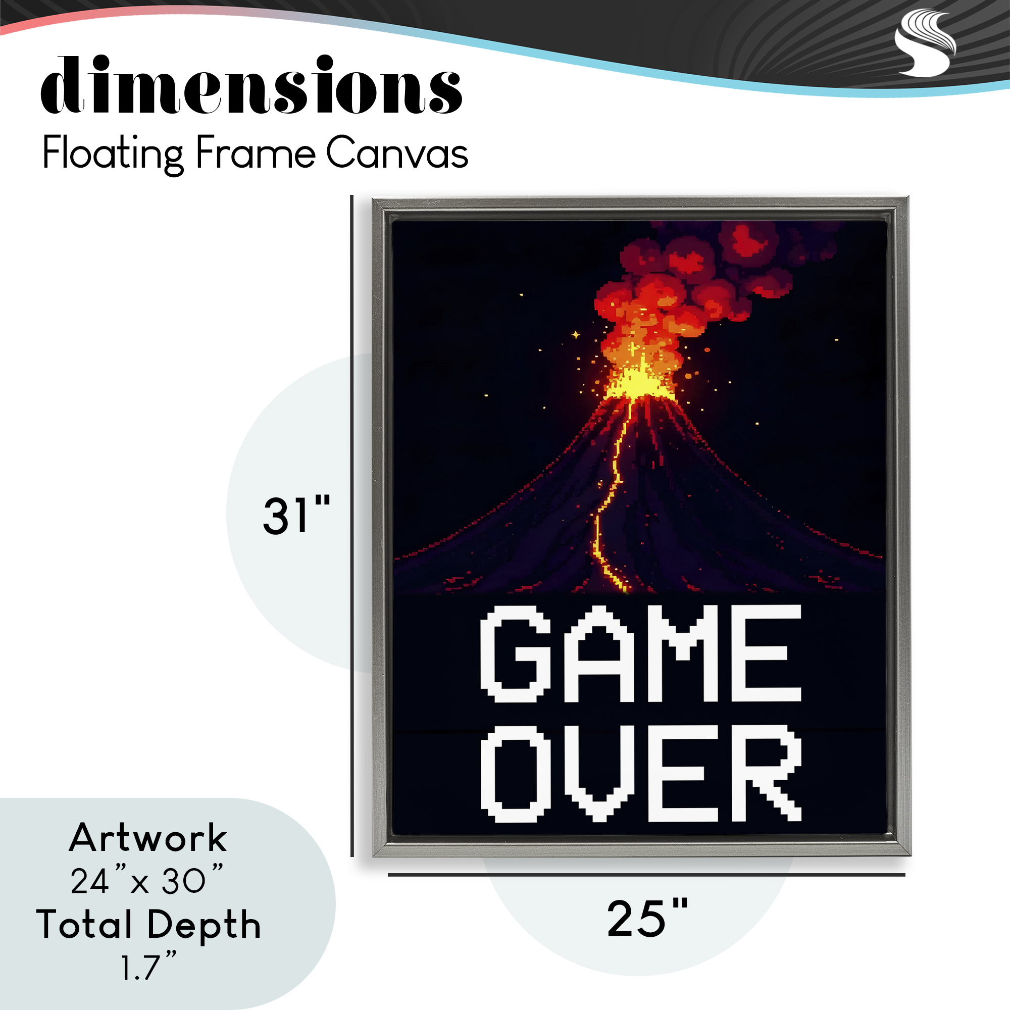 Pixel Volcano Game Over Gray Framed Floater Canvas Wall Art, design by Kim Allen