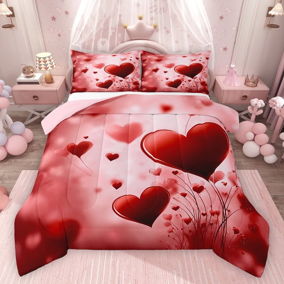 Homewish Teens Female Men Romantic Couple Lover Bedding Comforter Set 2pcs,Red Love Heart Print Twin Comforter Sets Microfiber,Happy Valentine'S Day Breathable Bedding Set,Super Cozy Room Decor