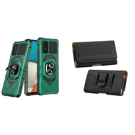 Case with Belt Holster Bundle for Samsung Galaxy A53 5G: Heavy Duty Shield Cover (Midnight Green) and PU Leather Magnetic Phone Pouch