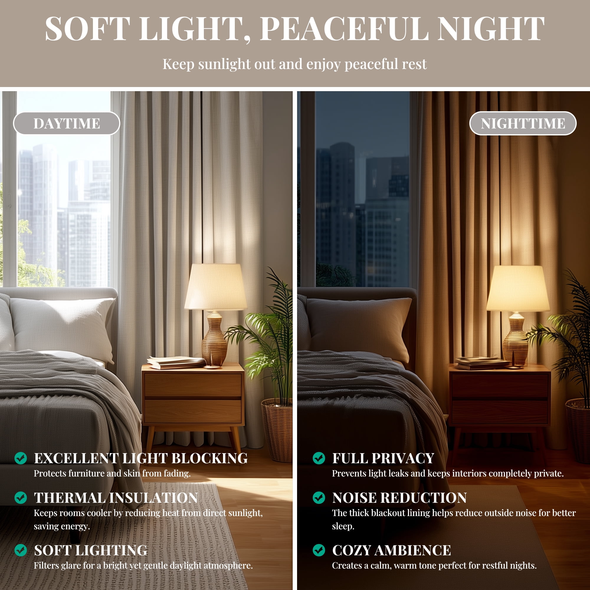 ZOPZO 100% Blackout Curtains, Natural Linen, 52W x 84L Inch, Thermal Insulated Grommet Drapes, Noise Reducing Panels for Bedroom, 2 Panels
