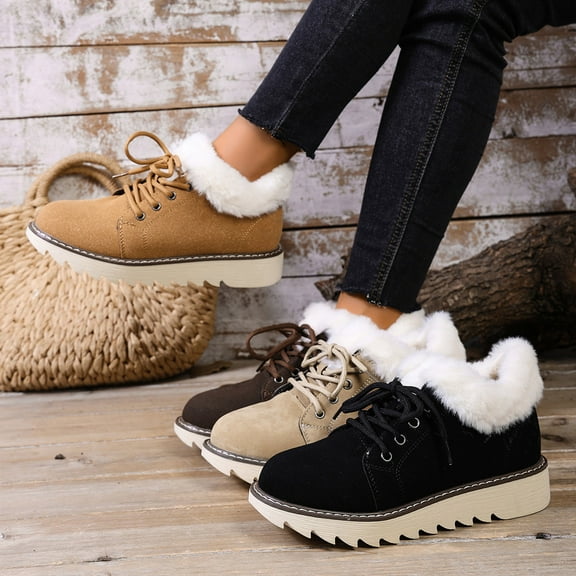 Womens Boots Round Toe Thickened Velvet Solid Color Slip-on Boots Women's Fashionable Casual Winter Warm Short Snow Boots Front Lace-Up Ankle Boots