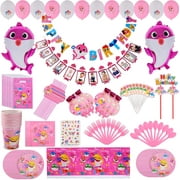 Empire Party Supply Baby Shark First 1st Birthday Party For Girl, Pink Baby Shark Bday Decorations Kit - 12 Month Photo Banner Disposable Tableware Cake Topper Balloons & Favors For Kids Party