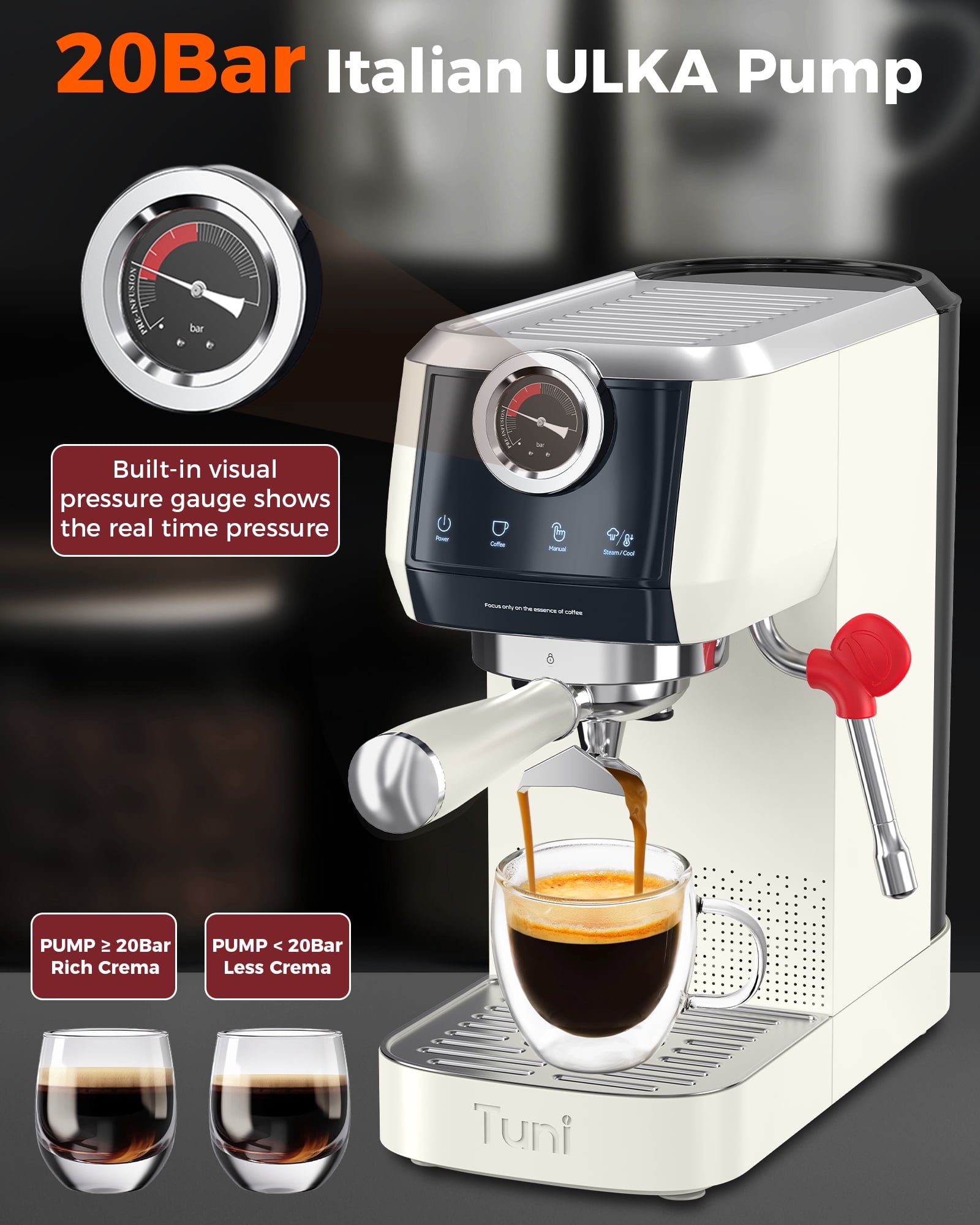Tuni E2 58mm 𝐃𝐮𝐚𝐥 𝐁𝐨𝐢𝐥𝐞𝐫 Espresso Machine, 20 Bar UKLA Pump Espresso Maker with PID NTC System, Commercial Grade Stainless Steel Semi-automatic Coffee Machine, for Coffee Lovers