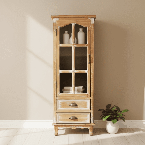 Atumcto 54.7" Tall Narrow Farmhouse Accent Cabinet with Glass Doors, 2 Drawers & Removable Shelves for Living Room or Entryway
